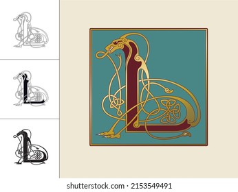 Medieval, Celtic Initial Letter L combining animal body parts from a Lion and endless knot ornaments in four different versions