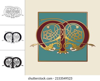 Medieval, Celtic Initial Letter M combining animal body parts from a Vulture and endless knot ornaments in four different versions