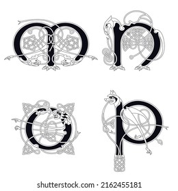 Medieval, Celtic Initial Letter M, N, O and P combining animal body parts and endless knot ornaments in black and white