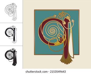 Medieval, Celtic Initial Letter Q combining animal body parts from a Parrot and a Dragonfly and endless knot ornaments in four different versions