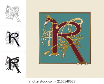 Medieval, Celtic Initial Letter R Combining Animal Body Parts From A Jackal And Endless Knot Ornaments In Four Different Versions