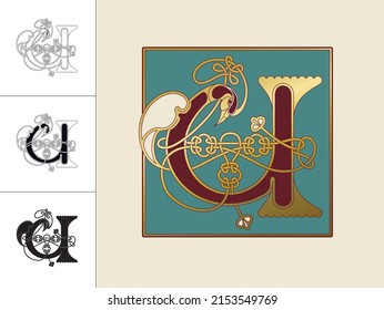 Medieval, Celtic Initial Letter U combining animal body parts from a Swan and a Fish and endless knot ornaments in four different versions
