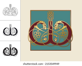 Medieval, Celtic Initial Letter W combining animal body parts from a Dog and endless knot ornaments in four different versions