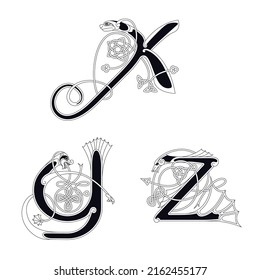 Medieval, Celtic Initial Letter X, Y and Z combining animal body parts and endless knot ornaments in black and white