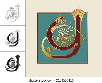 Medieval, Celtic Initial Letter Y combining animal body parts from a Dog and a Bird and endless knot ornaments in four different versions