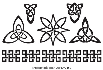 Medieval Celtic knot tattoo ornament set. Celtic, Irish knots silhouettes. Celtic symbols, endless knot shape vector icon, infinite spirit unity symbol, pagan circle tribal symbols graphics isolated