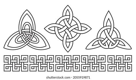 Medieval Celtic knot tattoo set. Celtic, Irish knots ornament. Celtic symbols, endless knot shape vector icon, infinite spirit unity symbol, pagan circle tribal symbols graphics isolated