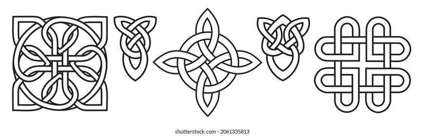 Medieval Celtic knot tattoo set. Celtic, Irish knots ornament. Celtic symbols, endless knot shape vector icon, infinite spirit unity symbol, pagan circle tribal symbols graphics isolated