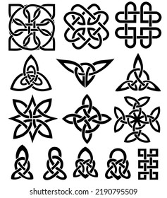 Juego de tatuajes de nudos celtas medievales. Ornamento de nudos celtas irlandeses. Símbolos celtas, símbolo vectorial de forma de nudo infinito, símbolo de unidad espiritual infinito, símbolos tribales paganos gráficos aislados