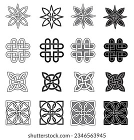 Juego de tatuajes de nudos celtas medievales. Ornamento de nudos celtas irlandeses. Símbolos celtas, símbolo vectorial de forma de nudo infinito, símbolo de unidad espiritual infinito, símbolos tribales de círculo pagano aislados en blanco