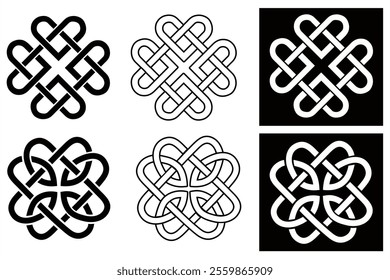 Medieval Celtic knot tattoo set. Celtic, Irish knots ornament. Celtic symbols, endless knot shape vector icon, infinite spirit unity symbol, pagan circle tribal symbols graphics isolated