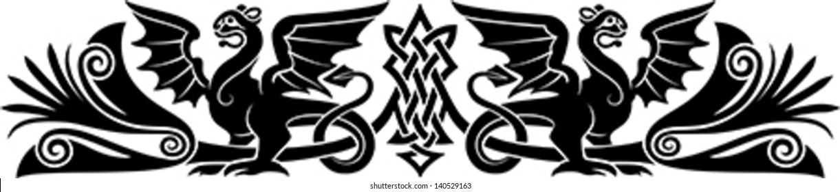 Medieval Celtic pattern with bizarre creatures look like griffins or dragons. Good as an armband tattoo.