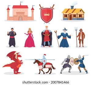 Medieval character, fantasy dragon and middle age building. Knight warrior, queen, princess and king, magician person for fairytale and story legend vector illustration isolated on white background