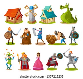 Medieval characters and buildings collection. Cartoon knights, princess, king, dragon, buildings etc. Vector fairy tale objects.