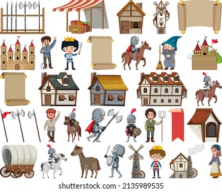 Medieval characters buildings set illustration
