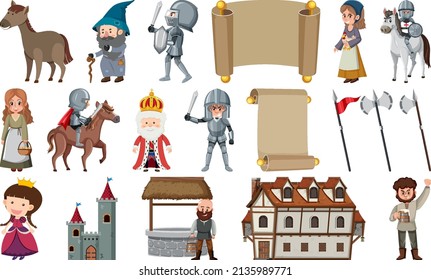 Medieval characters buildings set illustration