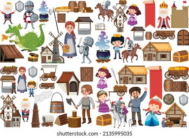 Medieval characters buildings set illustration