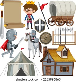 Medieval characters buildings set illustration