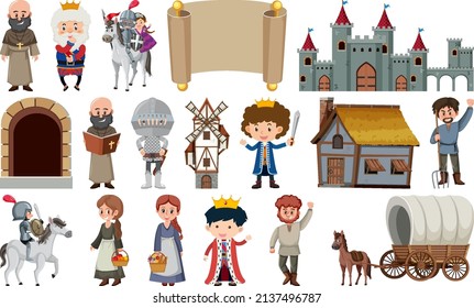 Medieval characters buildings set illustration