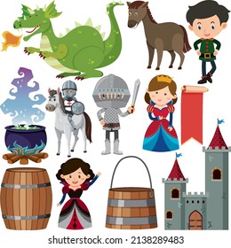 Medieval characters buildings set illustration