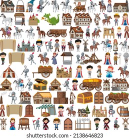Medieval characters buildings set illustration