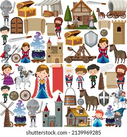 Medieval characters buildings set illustration