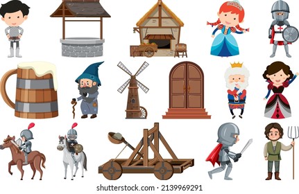 Medieval characters buildings set illustration
