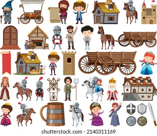 Medieval characters buildings set illustration