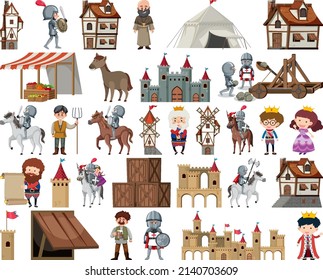Medieval characters buildings set illustration