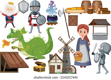 Medieval characters buildings set illustration