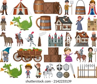 Medieval characters buildings set illustration