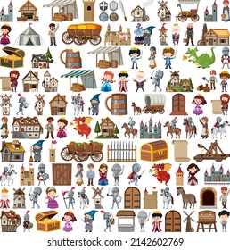 Medieval characters buildings set illustration