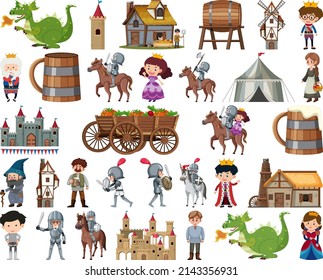 Medieval characters buildings set illustration