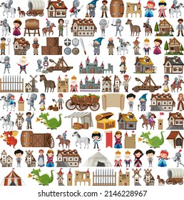 Medieval characters buildings set illustration