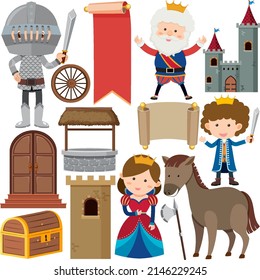 Medieval characters buildings set illustration