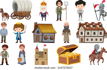 Medieval characters buildings set illustration