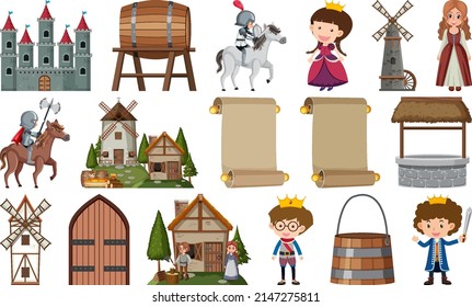 Medieval characters buildings set illustration