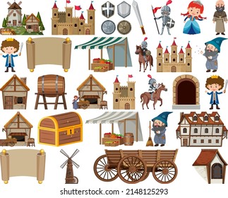 Medieval characters buildings set illustration