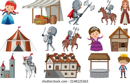 Medieval characters buildings set illustration
