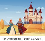 Medieval characters cartoon background with castle king and queen vector illustration