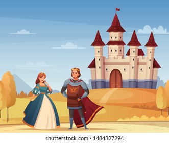 Medieval characters cartoon background with castle king and queen vector illustration svg