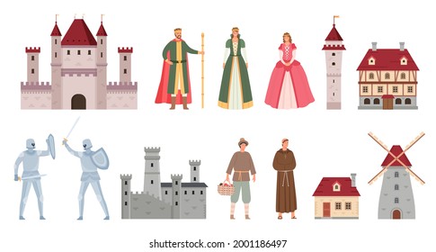 Medieval characters. Cartoon middle ages king, queen, princess, knights duel on sword, peasant and monk. Ancient castle and house vector set. Illustration king and queen, medieval cartoon castle