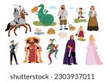 Medieval characters. Cartoon people in fabulous costumes. Funny inhabitants of fairytale kingdom. King with crown. Ancient farmers family. Princess and dragon. Garish