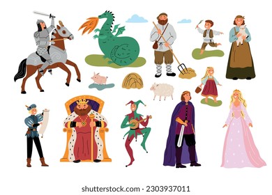 Personajes medievales. Caricaturas con fabulosos disfraces. Habitantes divertidos del reino de los cuentos de hadas. Rey con corona. Familia de agricultores antiguos. Princesa y dragón. Garish