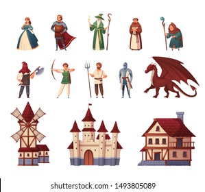 Medieval characters cartoon set with castle and mill isolated vector illustration