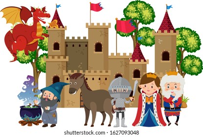 Medieval characters at the castle illustration