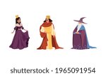 Medieval Characters Dressed Ancient Clothes Set, Majestic King, Queen, Old Male Wizard Vector Illustration
