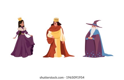 Medieval Characters Dressed Ancient Clothes Set, Majestic King, Queen, Old Male Wizard Vector Illustration