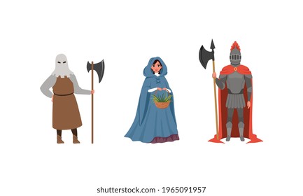 Personajes medievales vestidos con ropa antigua, ejecutor, caballero armado, ciudadana de vectores de ciudad medieval Ilustración