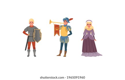 Medieval Characters Dressed Ancient Clothes Set, Royal Herald with Trumpet, Warrior, Noble Lady Vector Illustration